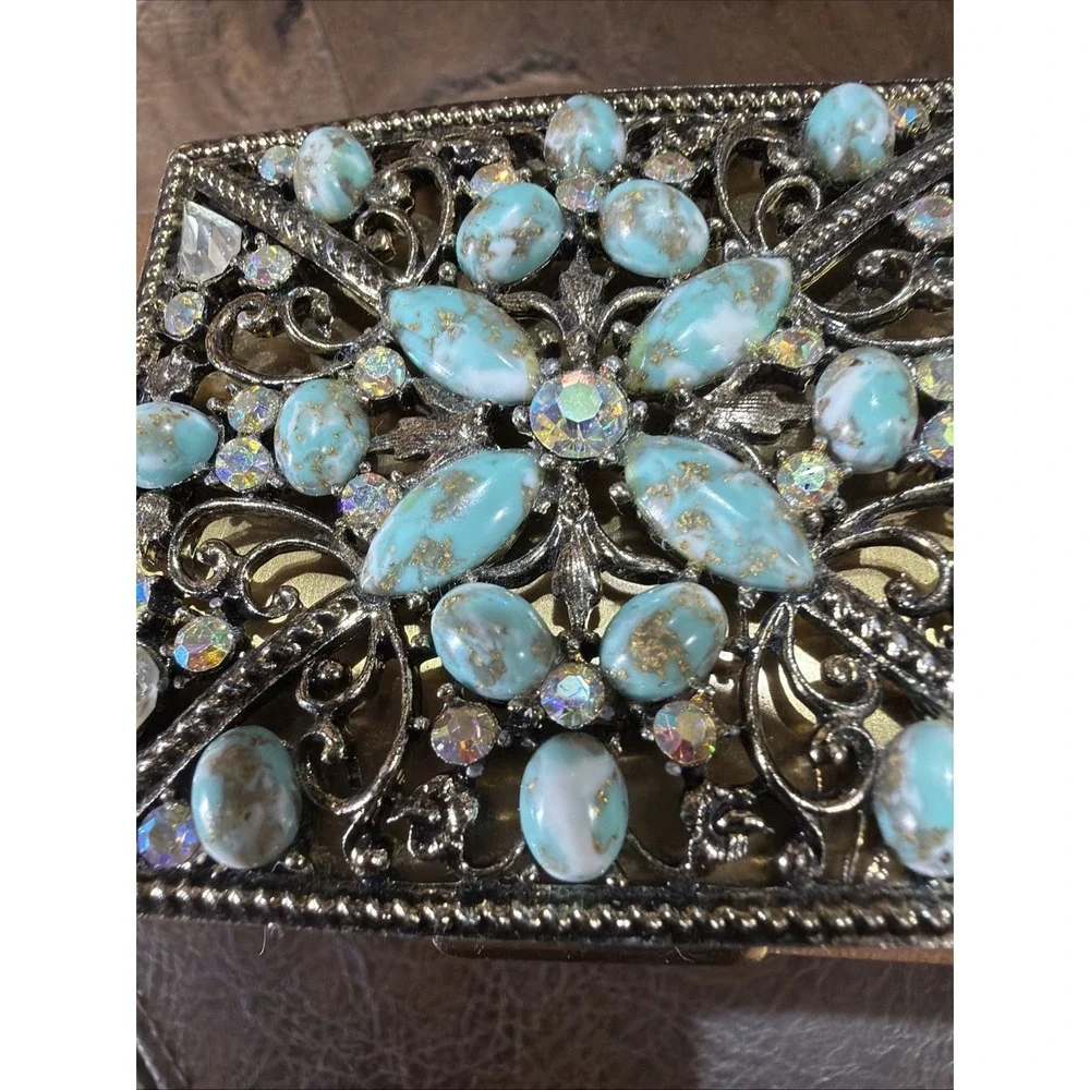 Jeweled Powder Compact Case Gold Brass Faux Turquoise 1950s SF Co 5th Ave Vtg